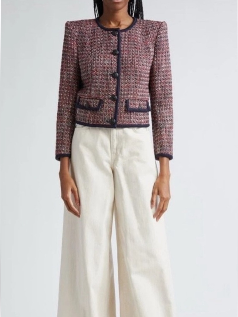 Veronica Beard Ceres Metallic Red, Black & White Tweed Structured Jacket